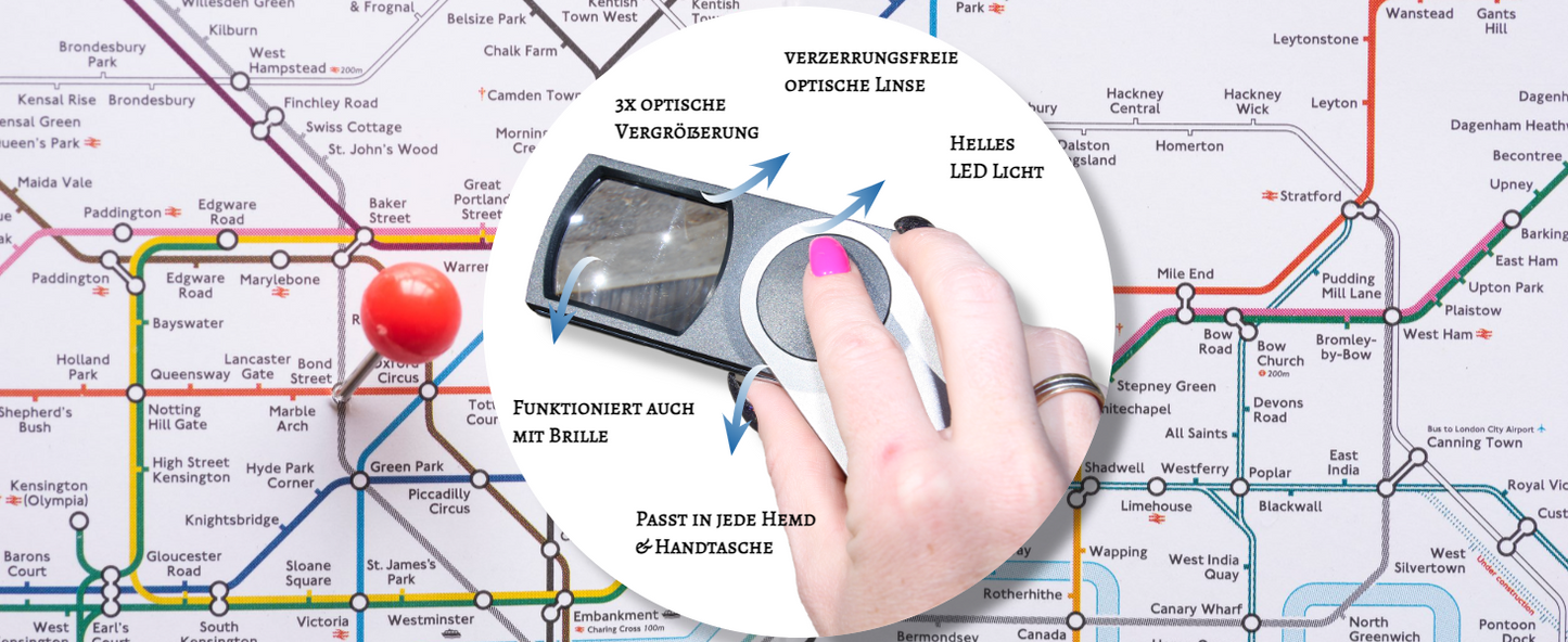 Leselupen Set – Tischlupe 2/4× & Handlupe 3× mit LED-Licht (hands free & mobil)