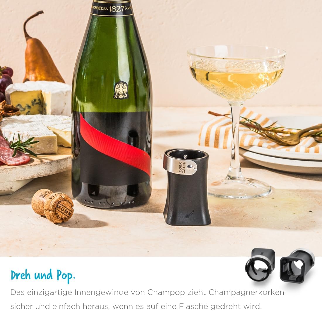 Dreamfarm Champop – sicherer Champagnerflaschenöffner mit Kork-Fangbügel (Schwarz)