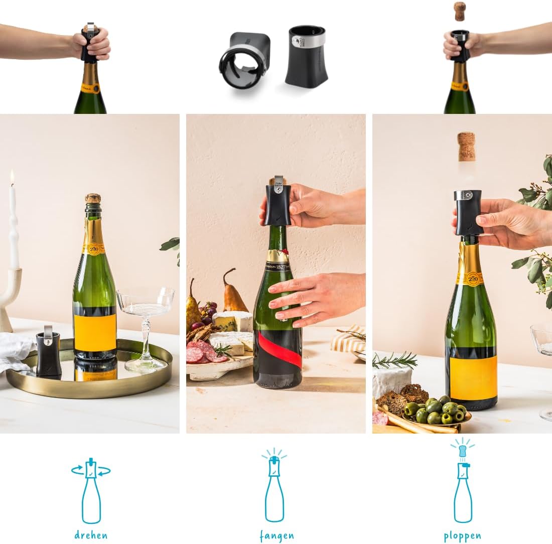 Dreamfarm Champop – sicherer Champagnerflaschenöffner mit Kork-Fangbügel (Schwarz)