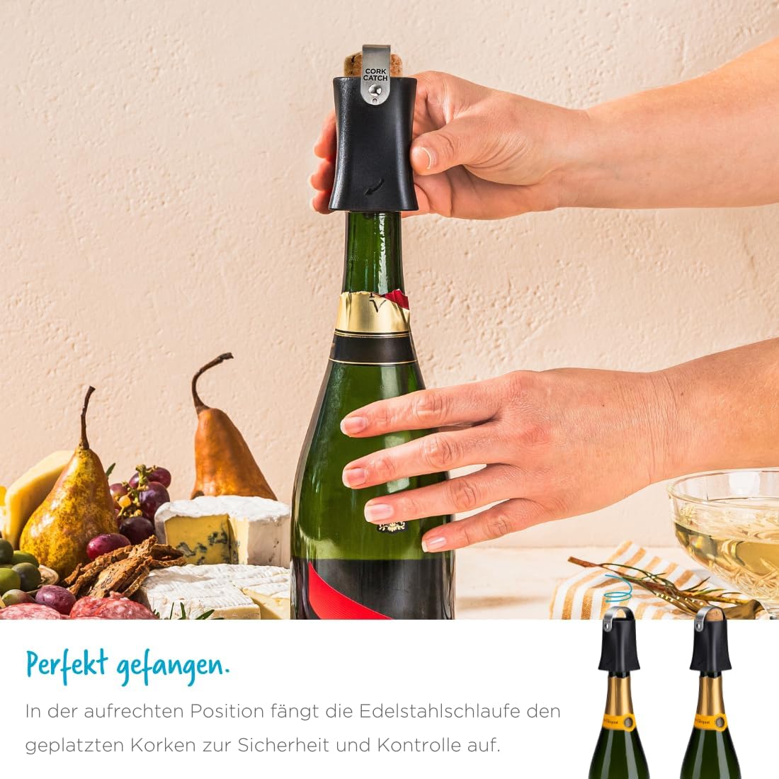 Dreamfarm Champop – sicherer Champagnerflaschenöffner mit Kork-Fangbügel (Schwarz)