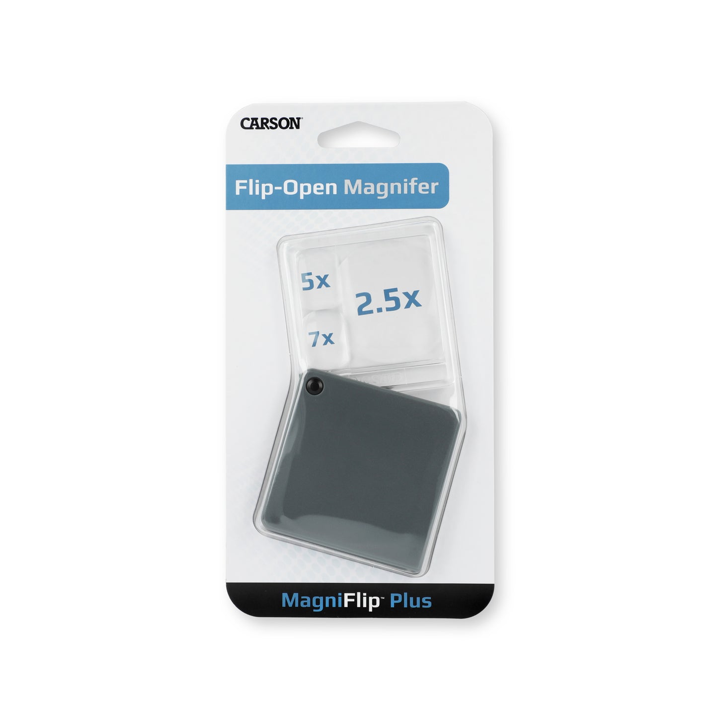 Carson MagniFlip Plus GN-44 – Taschenlupe 2,5× / 5× / 7× mit Schutzhülle (Schwarz)